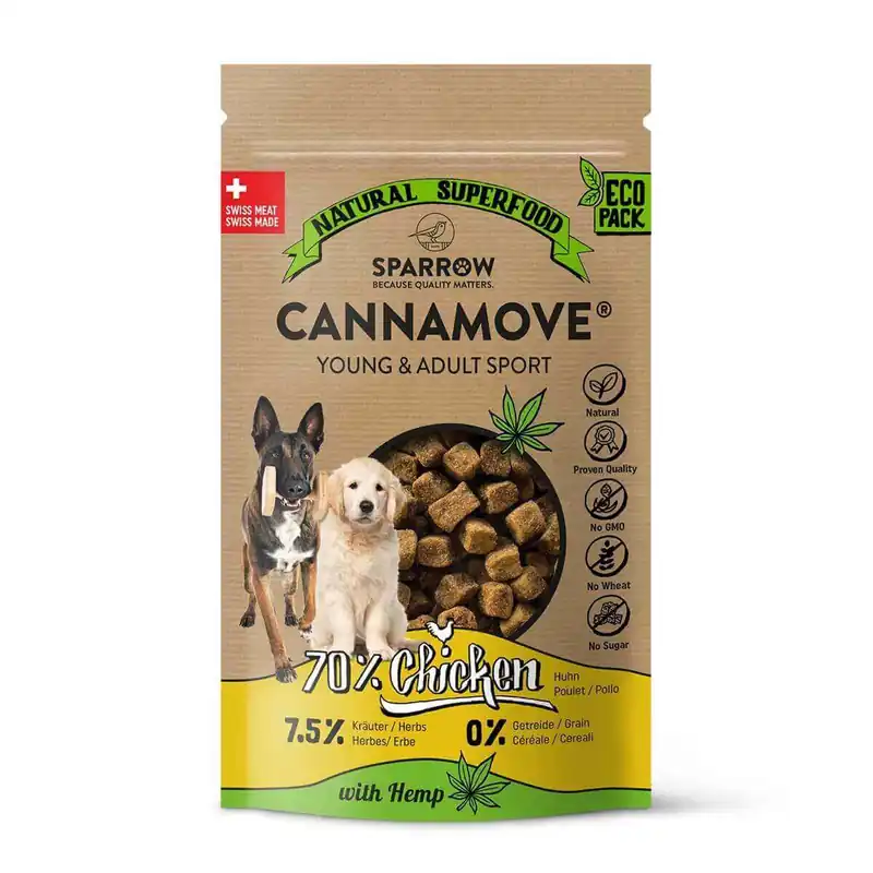 Preisknaller Sparpaket 2 x 200 g Sparrow CannaMove Young & Adult Sport 70% Chicken with Hemp Hunde Snack